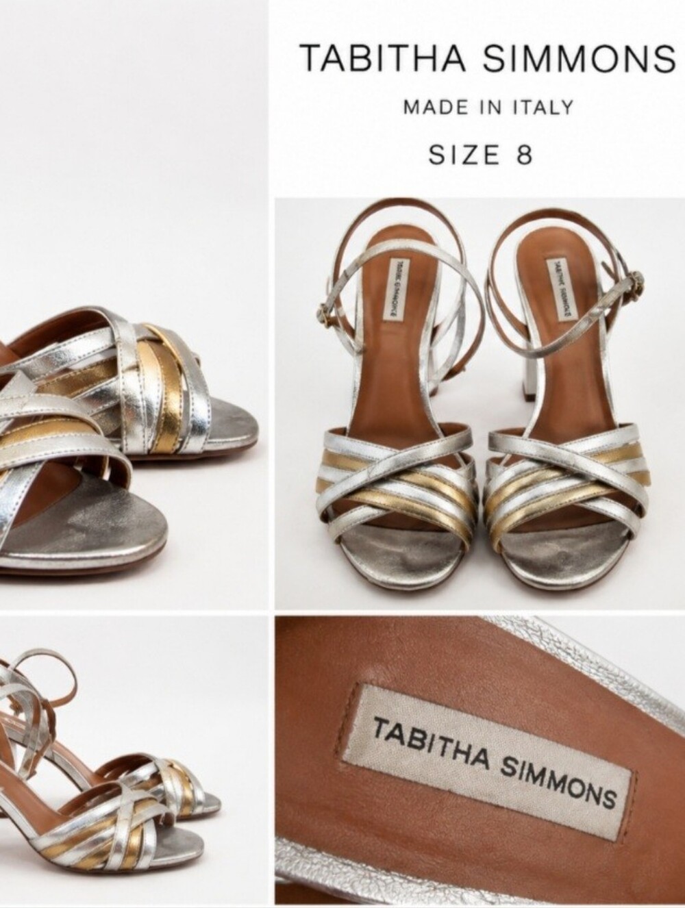 Tabitha Simmons Metallic Silver & Gold Strappy Block-Heel Sandals - Size 8